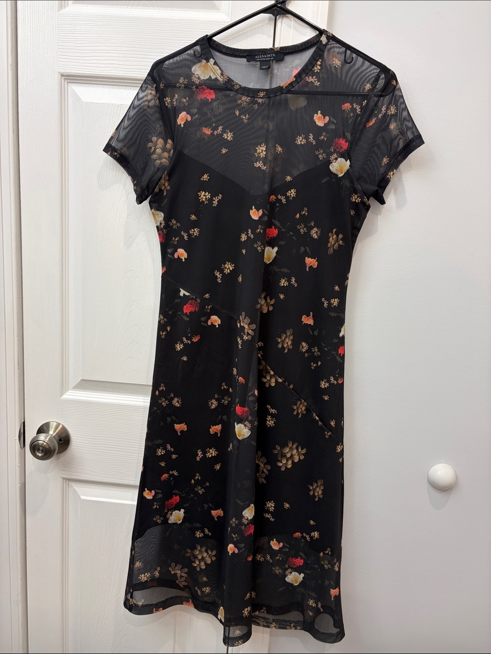 All Saints Black Floral Short-Sleeve Mesh Dress